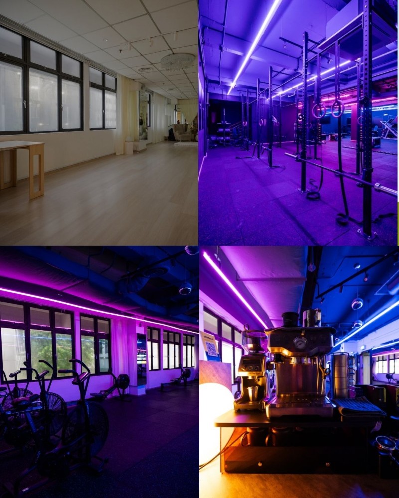 RE30 Studio Facilities — Training floor, conditioning area, café lounge